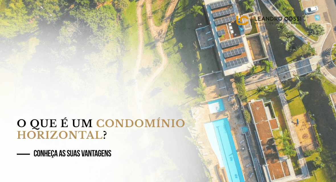 Capa sobre condomínio horizontal mostra uma área residencial vista de cima e destaca suas principais características e vantagens.